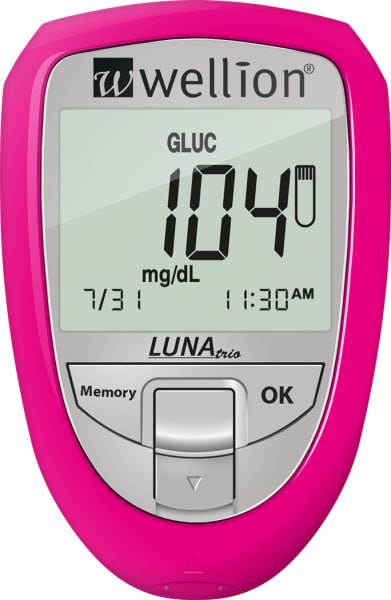 Набір для тестування рівня глюкози, холестерину та сечової кислоти в крові Wellion LUNA Тrio рожевий, ммоль